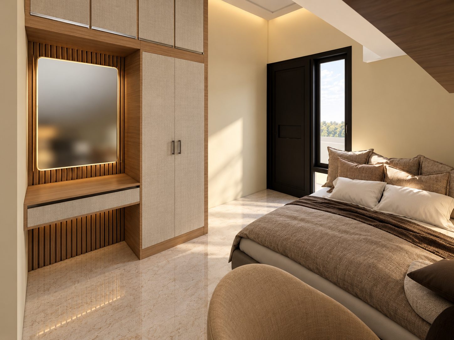 Interior kamar dengan lemari tanam
