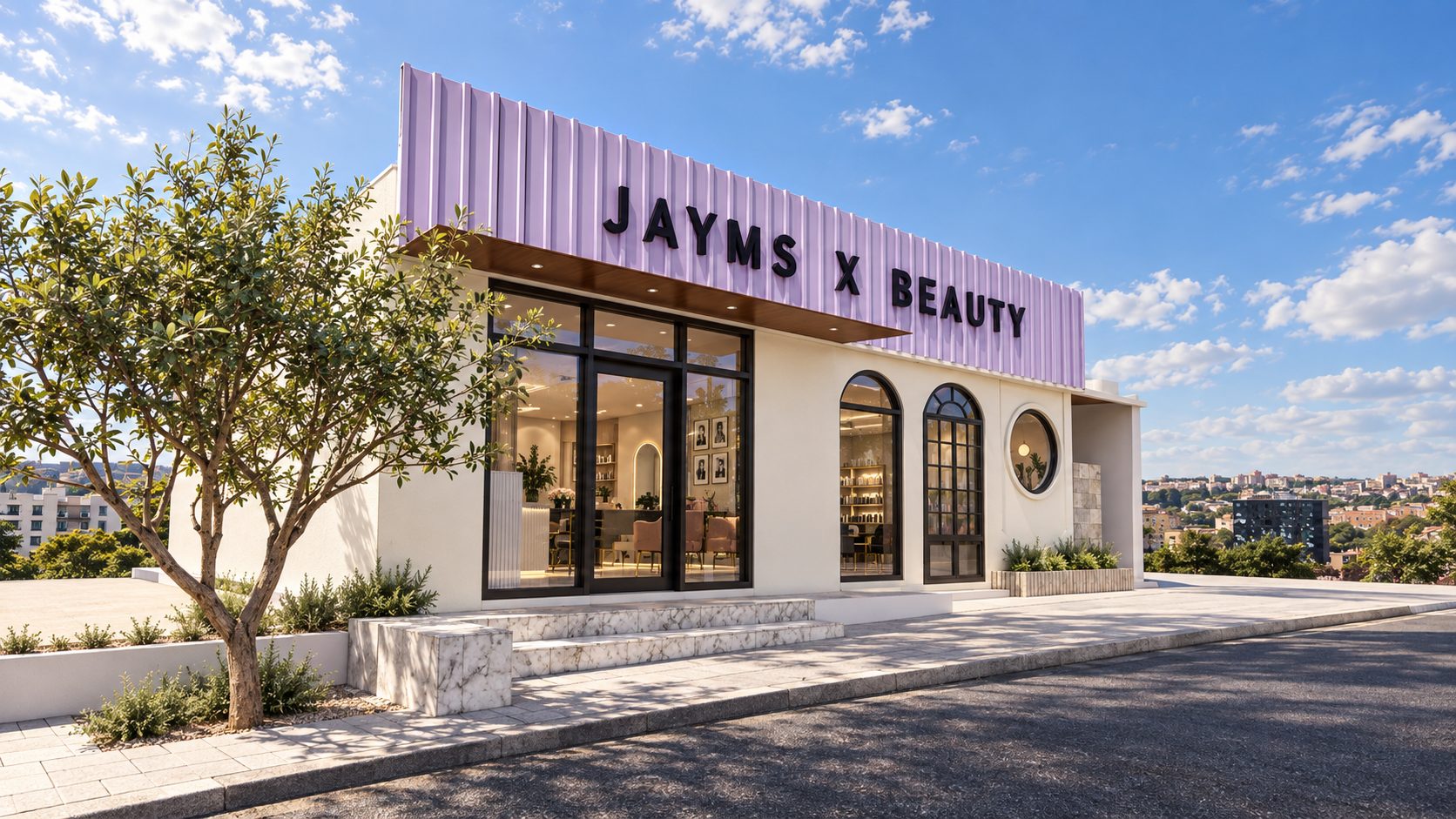 Fasad Jayms x Beauty dengan signage lilac dan jendela lengkung