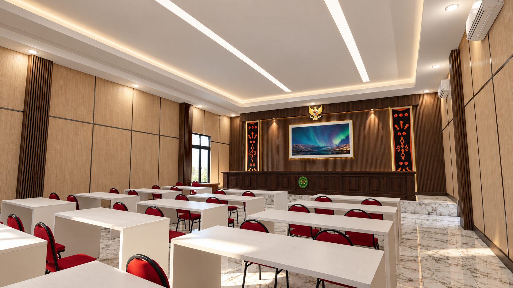 Suasana ruang sidang dengan meja majelis, panel kayu, dan kursi pengunjung
