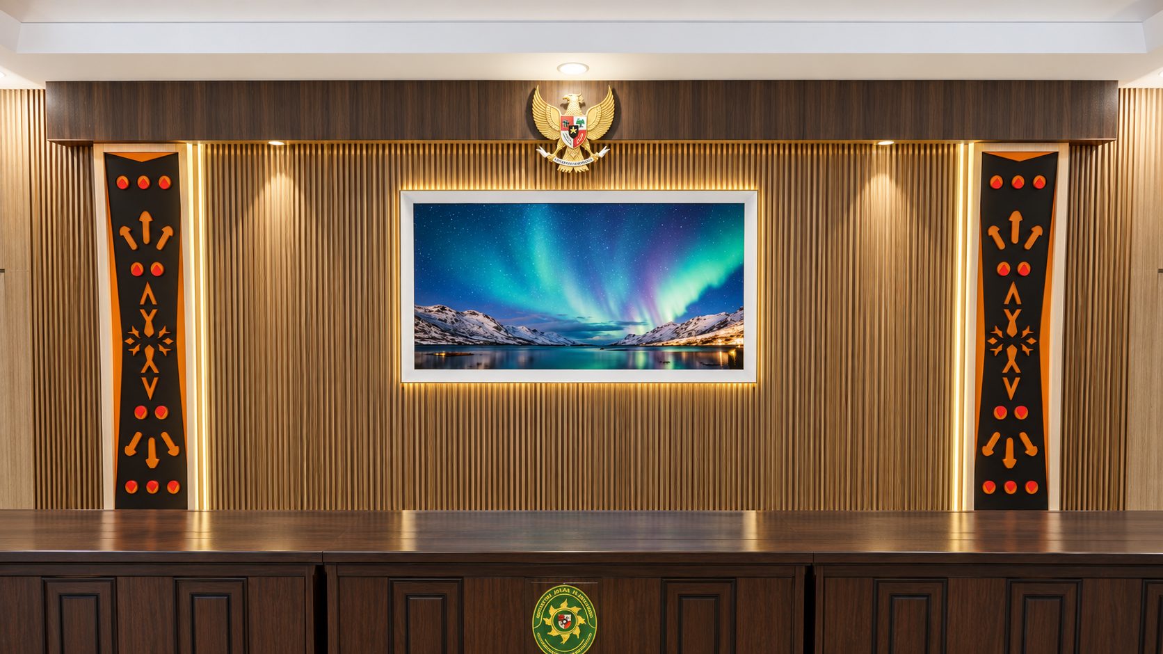 Dinding latar meja majelis dengan panel kayu dan lambang negara