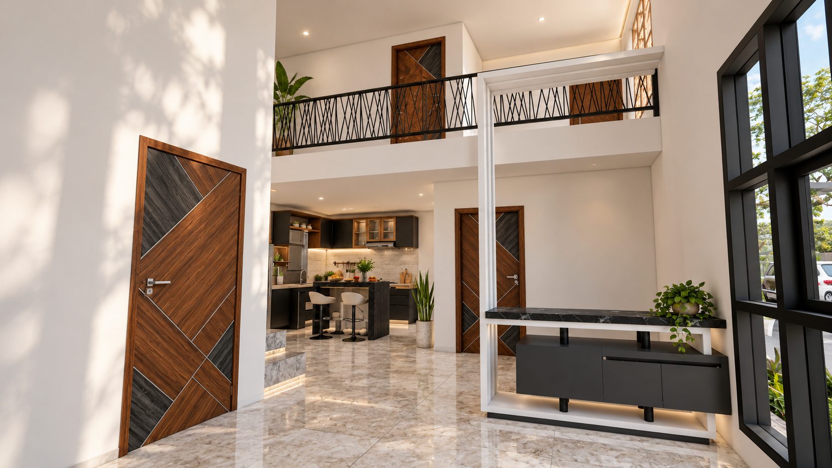 Void dan ruang keluarga dengan pintu kayu bermotif